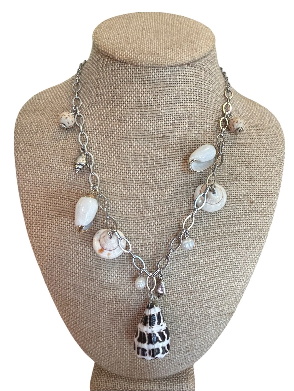 JJill Seashell Charm Statement Necklace - White & Silver